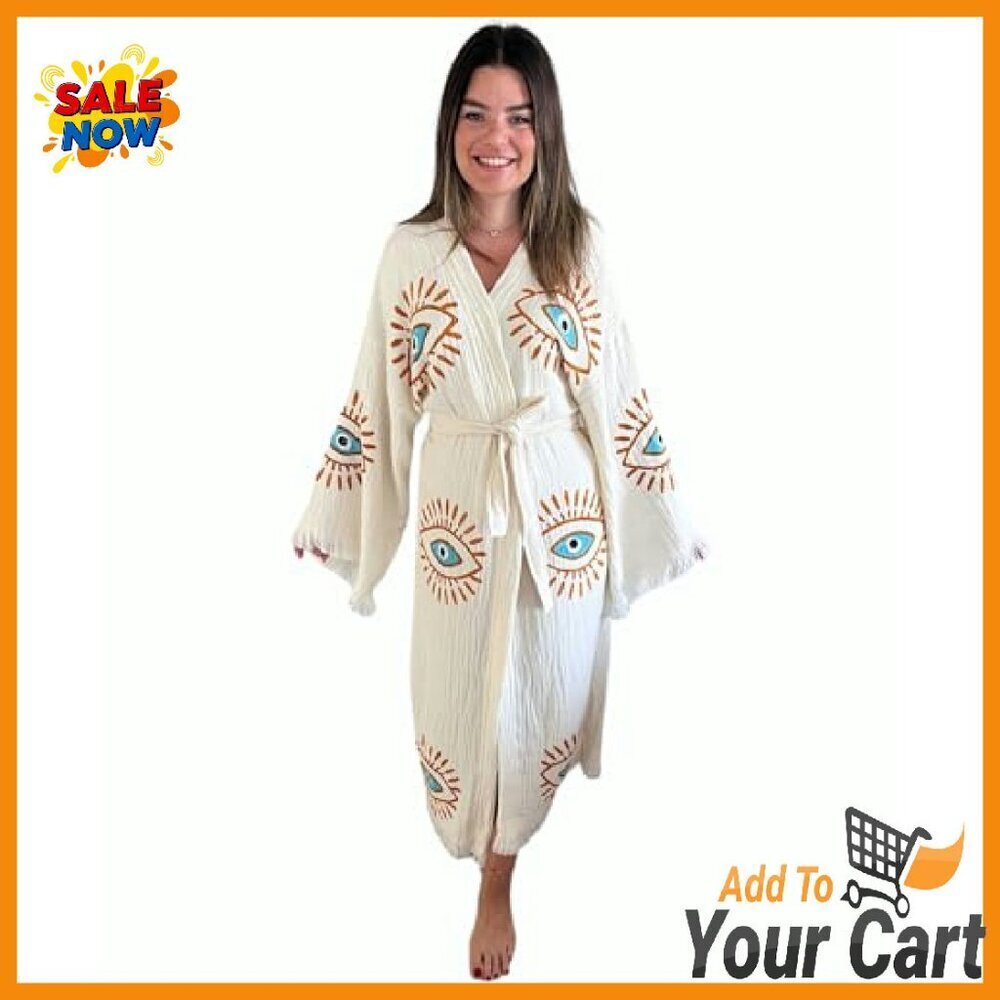 Handmade Evil Eye Kimono Boho Cotton Cardigan Festival Beach Cover Up - Picture 5 of 8